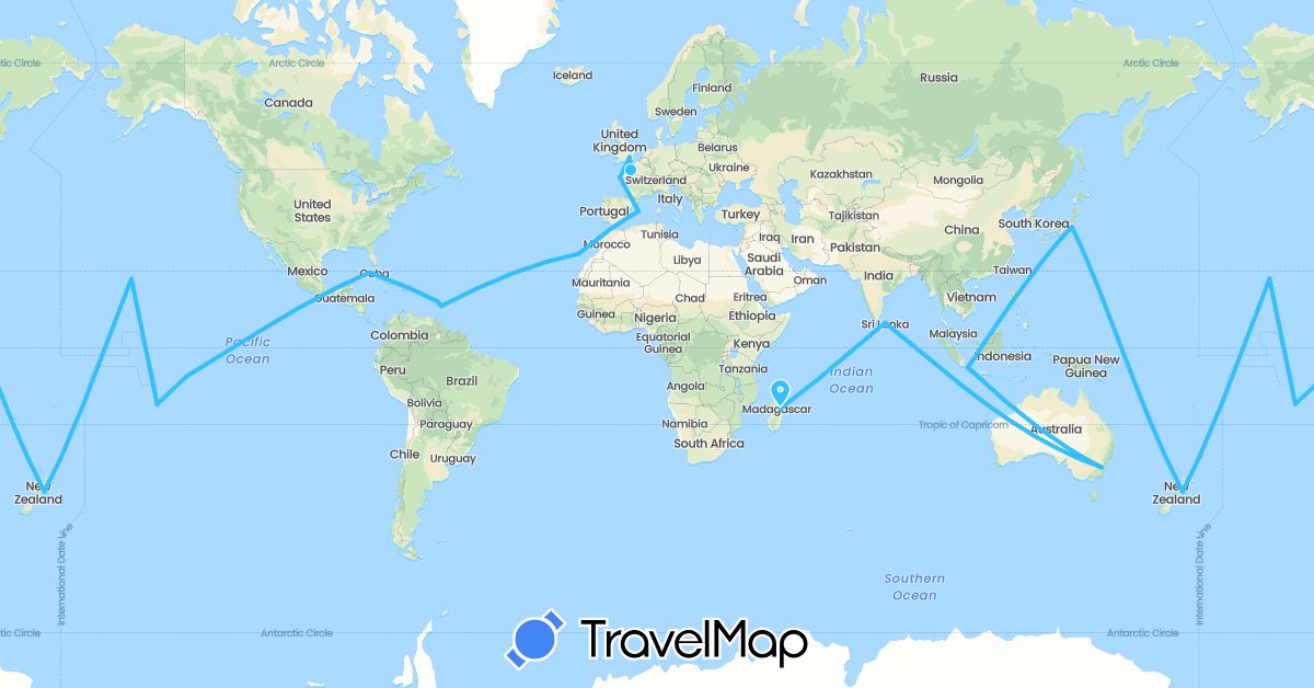 TravelMap itinerary: driving, boat in Barbados, Cuba, Dominican Republic, Spain, France, United Kingdom, Japan, New Zealand, Philippines, United States (Asia, Europe, North America, Oceania)